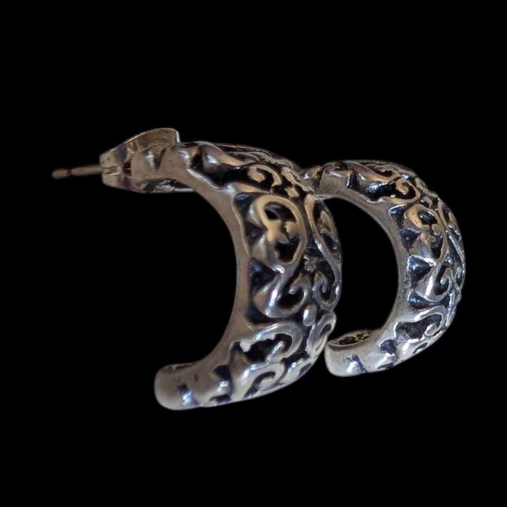 Vintage ATI Filigree Heart Design J Hoop Taxco Mexico Sterling Silver Earrings